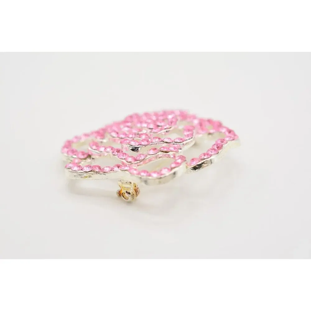 Vintage Rose Pin Brooch Flower Pink Lucite Rhinestone Crystal Silver Tone Bin5B